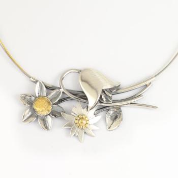 Trachtencollier Silber mit Edelweiss, Glocken- und Sonnenblume